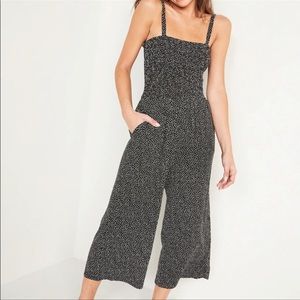 Old Navy Smocked Camisole Wide Leg Crop Jersey Jumpsuit Black & White Polka Dot
